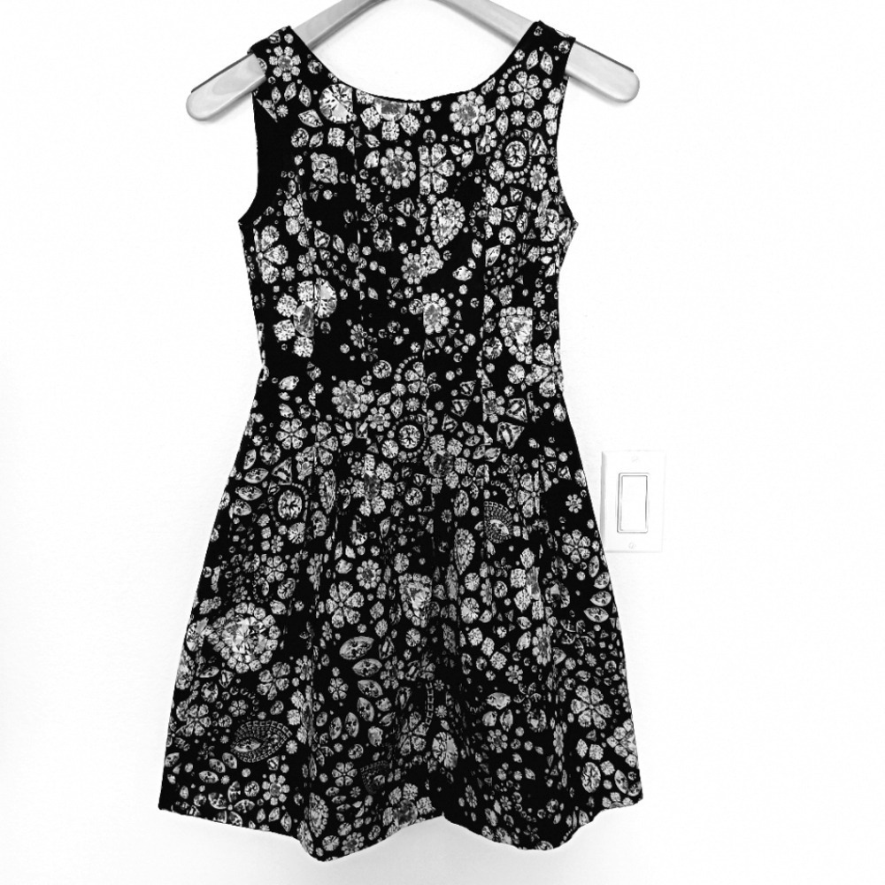 Zara Basic Jewel Print Dress Womens XS Black Gemstone Fit Flare Sleeveless